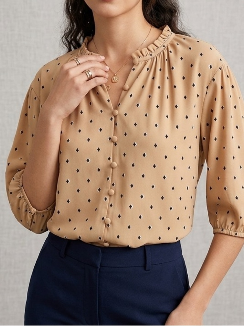 Ann Taylor Diamond-Print Ruffle Neck Blouse